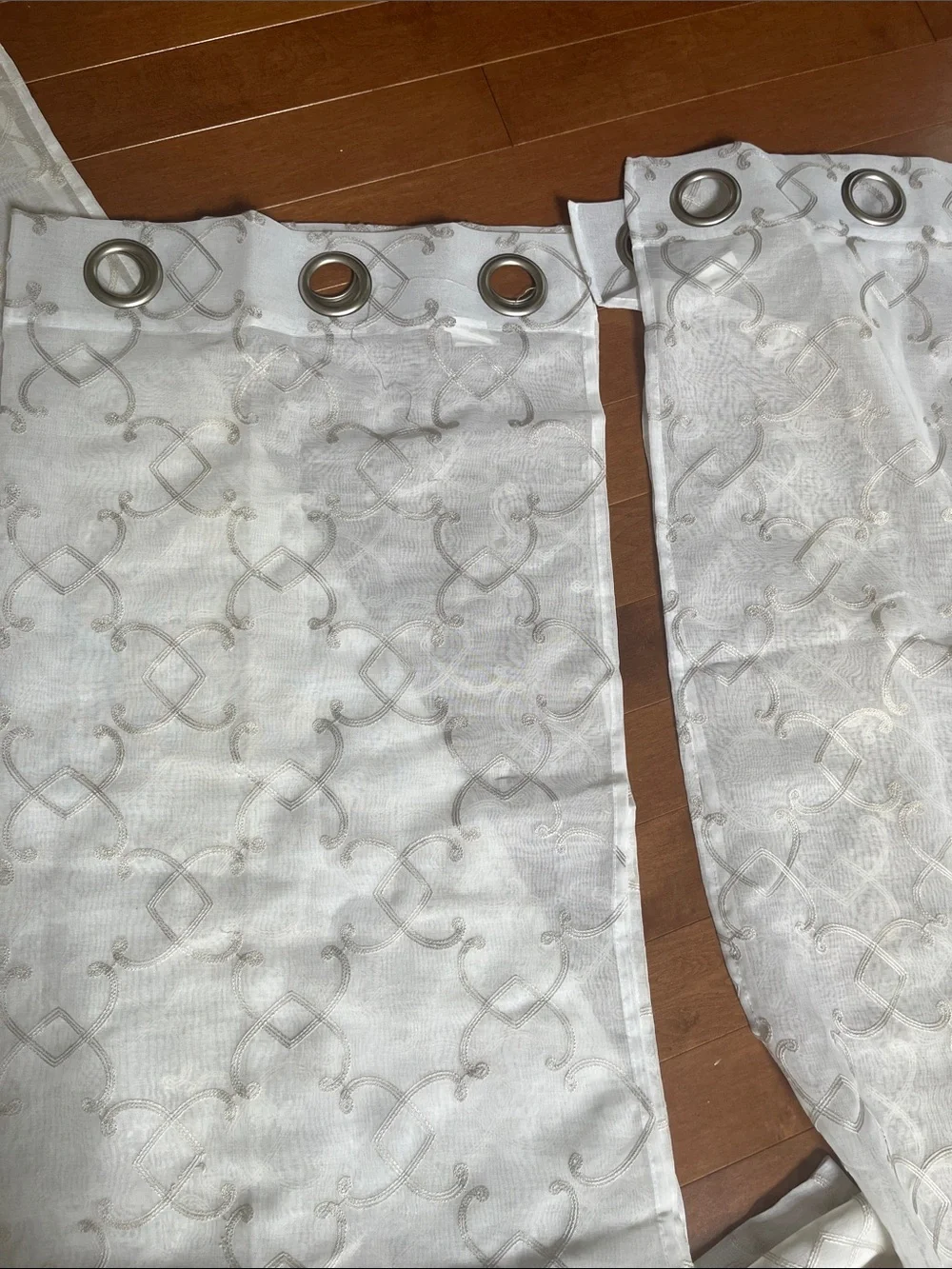 2 Sheer Panel Drapes White with Pale Gray Embroidered